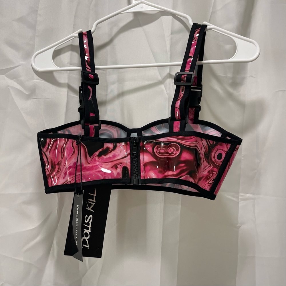 rave set acid wash bra skirt pink adjustable new with tags festival edm pvc XS - Picture 3 of 7